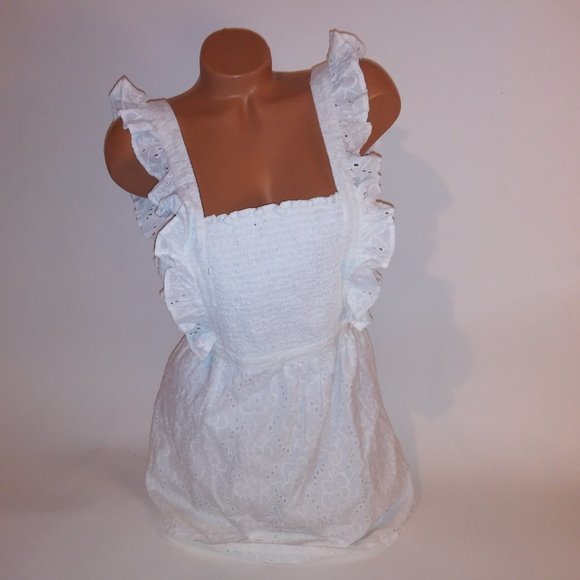 Lulus Dress XS White Eyelet Ruffle Zip Up Smocked Front Adjustable Straps Length - Picture 3 of 13